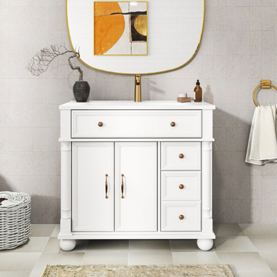 Meuble-lavabo de salle de bain 35,6 po avec base à colonne romaine, qualité P2 de qualité supérieure, poignées en métal et esthétique Mid-Century en céramique blanche, unités de rangement, coin non mort