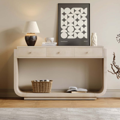 Console de style antique, 3 tiroirs de rangement, tablette de présentation, pieds courbés, placage de paulownia, vestibule / couloir / salon