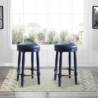 Tabourets de bar 26 po (de 2), siège en cuir bleu foncé, pivotant à 360 degrés, bois décoratif convenant à la décoration fonctionnelle 2, cuir, espace pivotant approprié