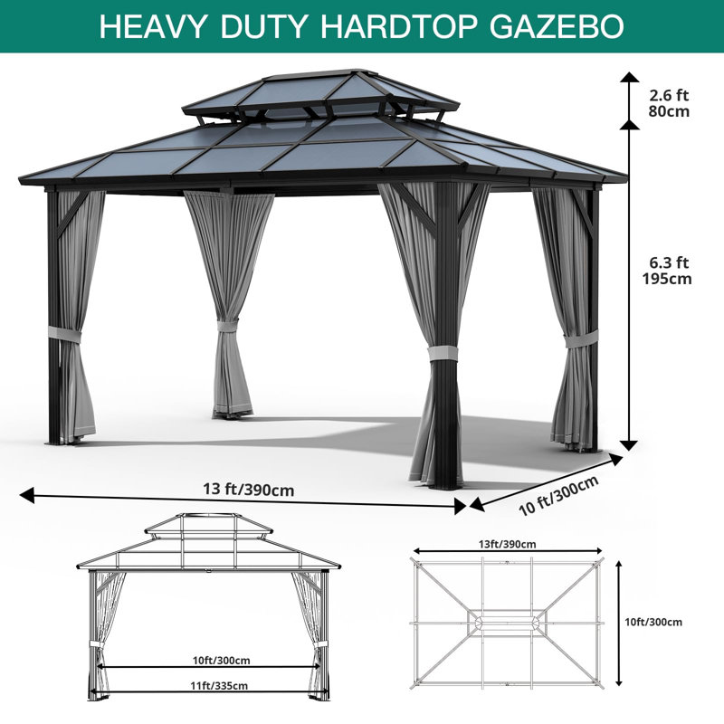 Pavillon de jardin rigide avec toit double en polycarbonate - structure en aluminium, protection contre les rayons UV et rideaux en maille pour patio, jardin, cour arrière