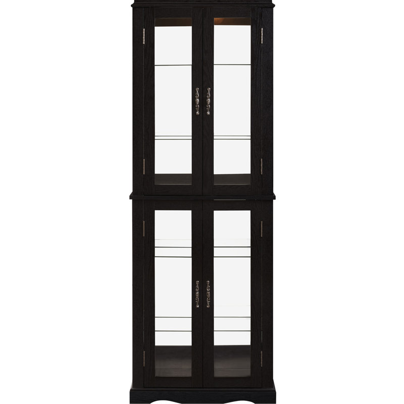 Vitrine vitrée en verre, tablettes réglables, éclairage d'ambiance intégré, six niveaux, vin, vitrine de collection à cadre en bois avec rangement pour la cuisine ou le garde-manger, noir