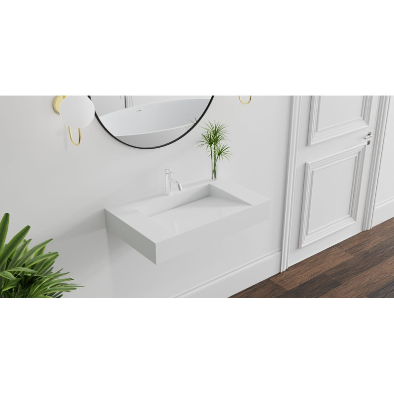 Lavabo de salle de bain mural en résine blanc brillant 31,5 po x 19,6 po Badeloft WT-04-D-G, Glossy White