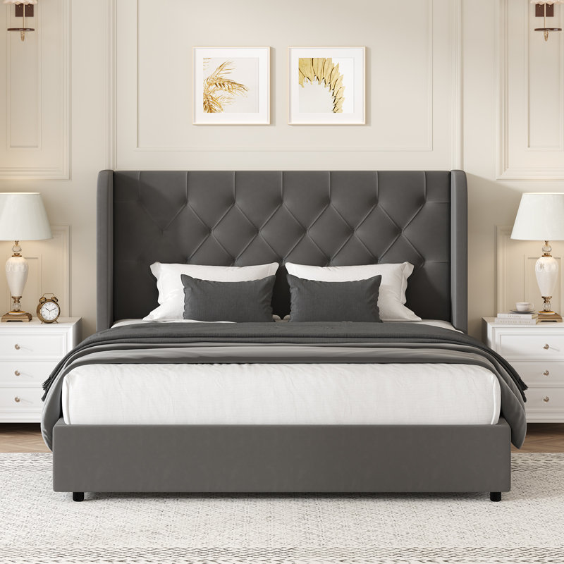 Lit plateforme tapissier Kewania Bedback, Gris, Grand lit