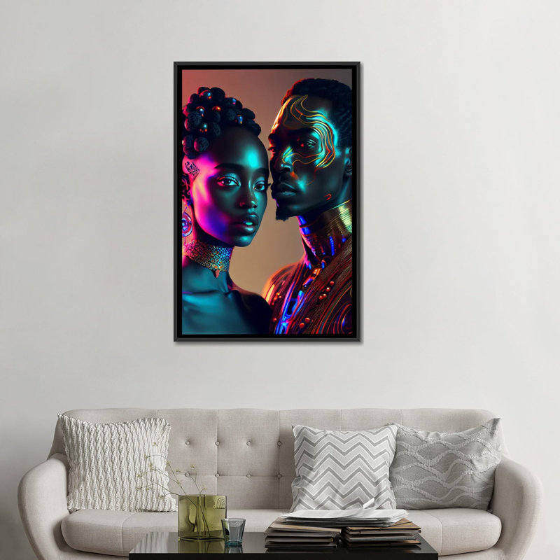 Afrofuturist African Royalty Queen And King II, Black Floater Framed Canvas, 48" H x 32" W x 1.5" D