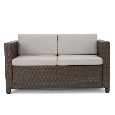 Perie Outdoor Loveseat, Modern Brown Faux Rattan, Gray Polyester