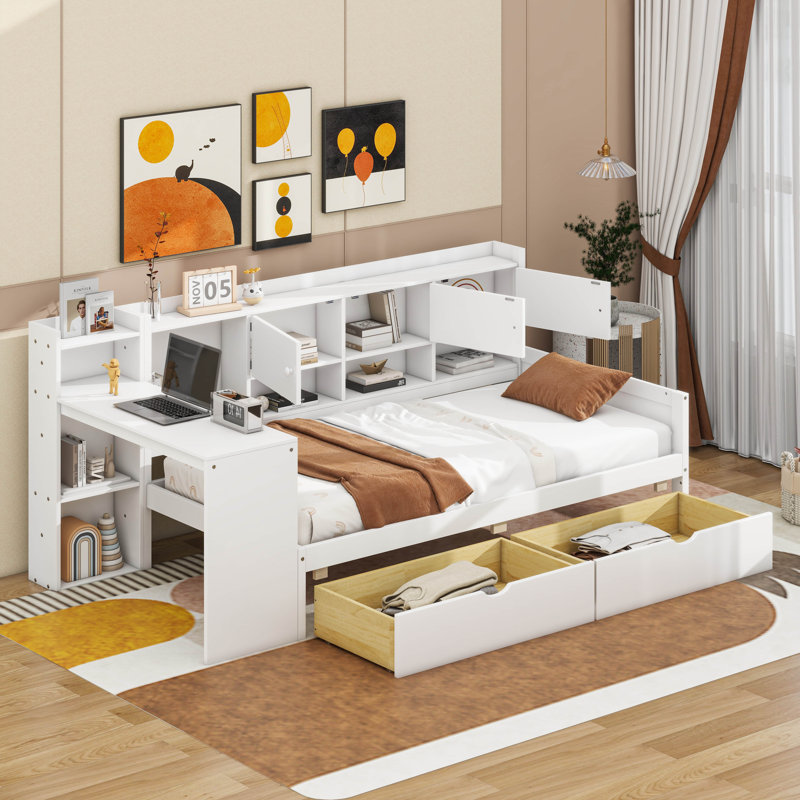 Twin Wooden L-Shape Daybed With Drawers, Desk And Bookshelf, White