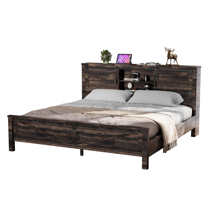 Farmhouse Bed Frame With Charging Station And Storage Cabinets, King, Dark Rustic Oak