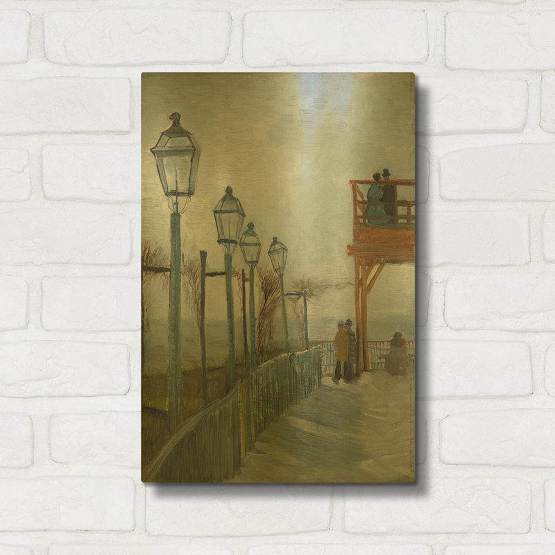 «Terrasse et pont d'observation au Moulin de Blute-Fin» par Vincent Van Gogh, art mural en métal doré, 12 po x 16 po