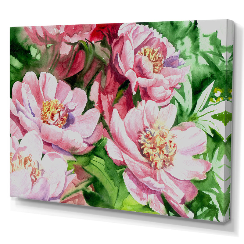 Aquarelle, pivoines roses, reproduction sur toile flottante, H 8 po x l 12 po x P 1 po, Toile tendue