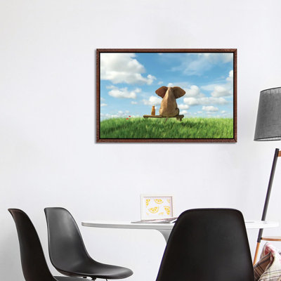 Elephant And Dog Sit On A Green Field by Mike Kiev - Print on Canvas