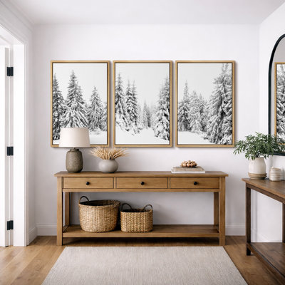 Winter "Snow Covered Pine Tree Forest Nature Landscape Artwork, Modern Black and White Photography Wall Pictures, Framed Canvas Giclée Print 3 Pieces Wall Art x3 pcs