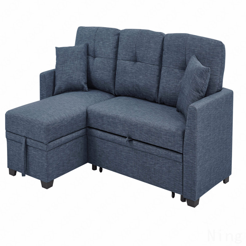 76.5" Linen Blend Upholstered Sectional With Pull-Out Bed And Chaise Storage, Dark Blue