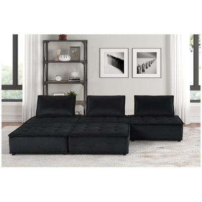 Anna 120" Black Velvet 5-Piece Modular Sectional Sofa with Ottoman