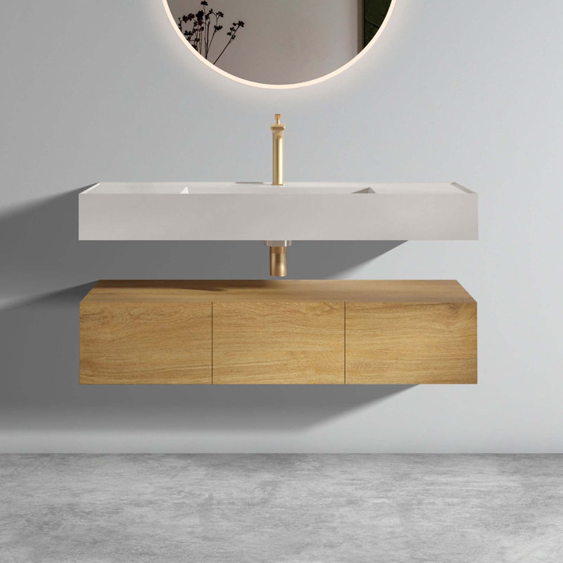 Meuble-lavabo mural avec lavabo et 3 portes à fermeture douce, Chêne