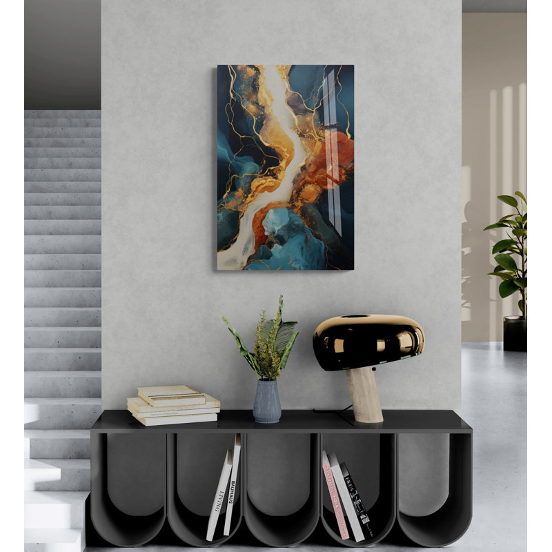 Art mural de style marbré en verre trempé bleu, reproduction d'art abstrait et contemporain sur verre, H 29,5 po x l 19,5 po
