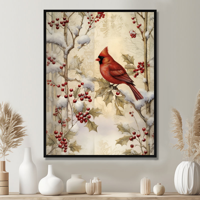 Oiseau cardinal rouge sur une branche de Noël en bois - oiseau, reproduction d'art murale, Toile avec cadre noir