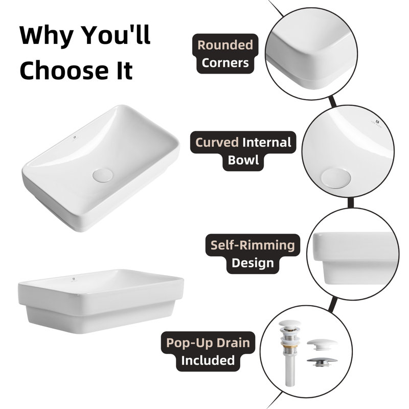 Glossy White Ceramic Rectangular Drop-In Bathroom Sink