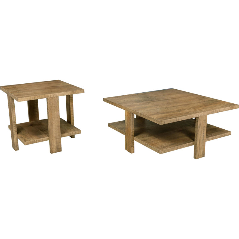 Table basse et de bout carrée deux pièces, finition manguier, bois d'ingénierie, table de rangement ouverte de style rustique, bois franc d'aspect, pieds larges pour le soutien