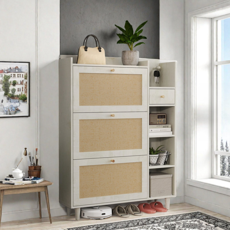 Bohemia Style Shoe Cabinet With 3 Rattan Flip Drawers, 3 Square Shelves And 1 Storage Drawer And Key Hooks, Antique White
