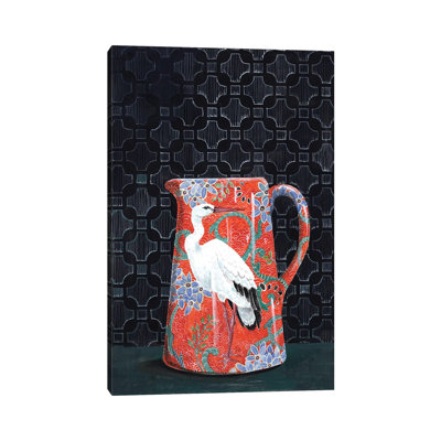 Red Pitcher With Stork by Miri Eshet - Print on Canvas