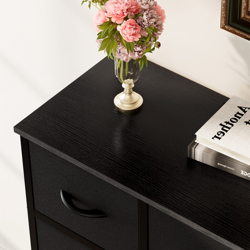 Commode en tissu à 9 tiroirs avec plateau en bois et commode l 39,37 po Charvi, Noir