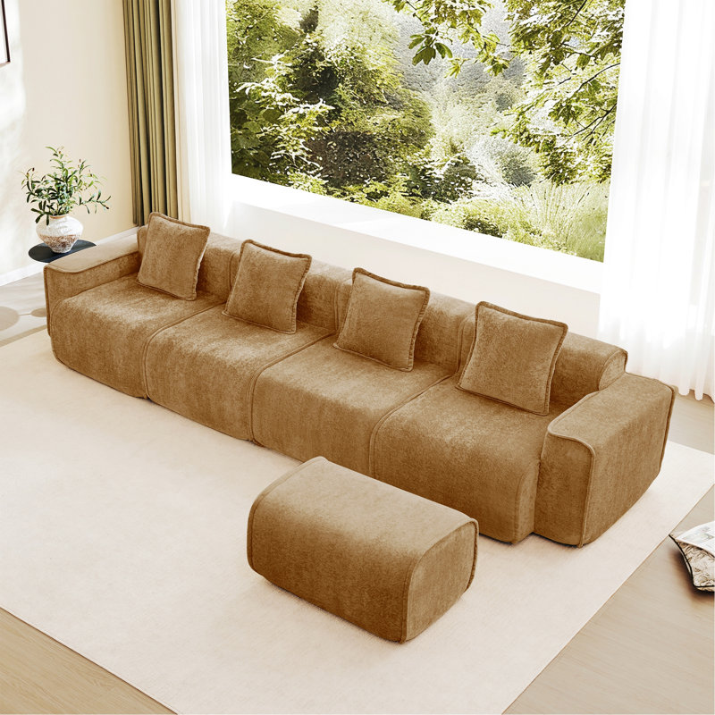 Canapé modulaire modulaire, canapé 4 places avec coussins décoratifs et 1 repose-pieds mobile, Brun