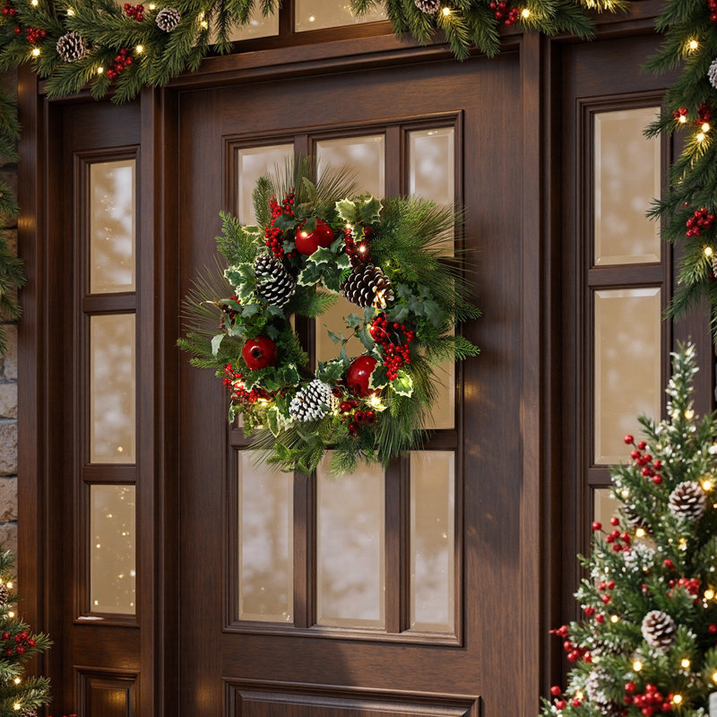 Couronne de Noël artificielle ronde pré-illuminée de 61 cm de diamètre, verte, avec ornements rouges, pommes de pin et minuterie.