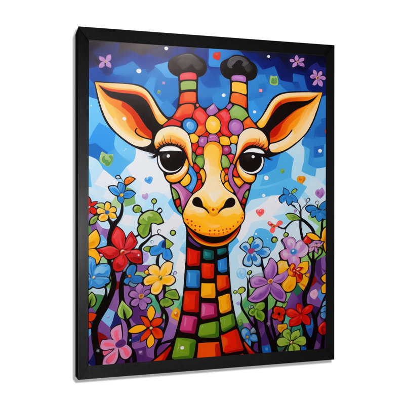 Girafe colorée mignonne dans le paysage de la jungle, H 32 po x l 24 po x P 1 po, Toile encadrée noire simple