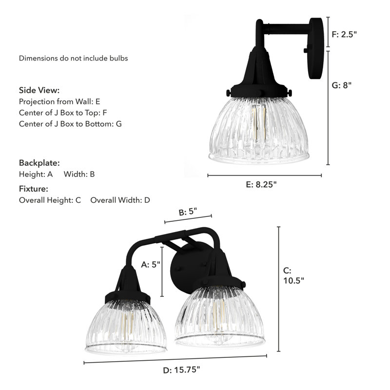 Black Iron 2-Light Fluted Glass Vanity Wall Sconce
