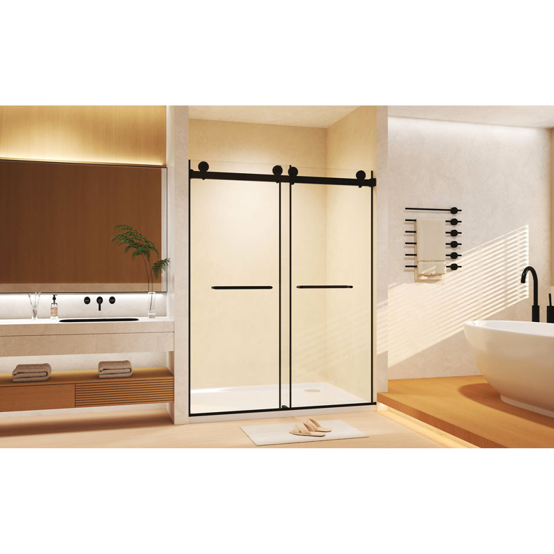 8mm Tempered Glass Double Sliding Shower Door 56 - 60 "w X 74" H, Matte Black, Stainless Steel Handle And Track, Proof Film, Flexible Dual Sliding, Quiet Operation, Waterproof Water Barrier For