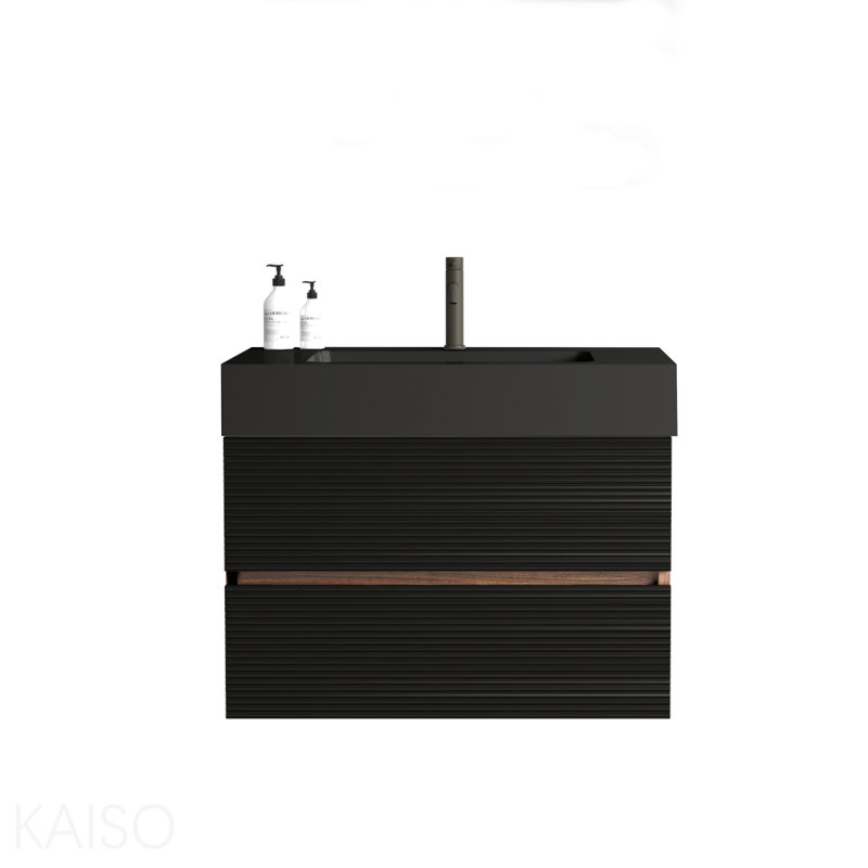 Meuble-lavabo de 30 po avec lavabo en quartz noir mat et tiroirs noirs doux, meuble-lavabo mural flottant pour salle de bain moderne, lavabo une pièce noir mat, Kd