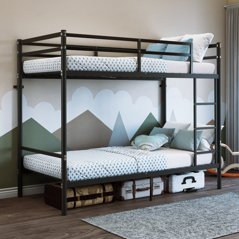 Lit superposé simple au-dessus de simple en métal robuste - charge maximale de 485 lb, structure en acier renforcé avec garde-corps de 14 po de hauteur, structure de lit robuste et peu encombrante pour enfants, adolescents, adultes, sans sommier tapissier