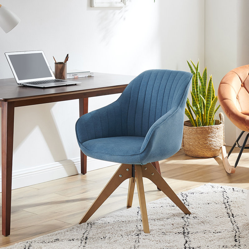 Brister 23" Blue Fabric And Natural Swivel Accent Arm Chair, Off White Polypropylene, Natural
