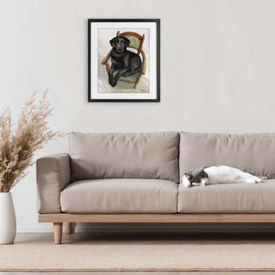 Labrador noir sur chaise, reproduction sous verre, conception de George Dyachenko