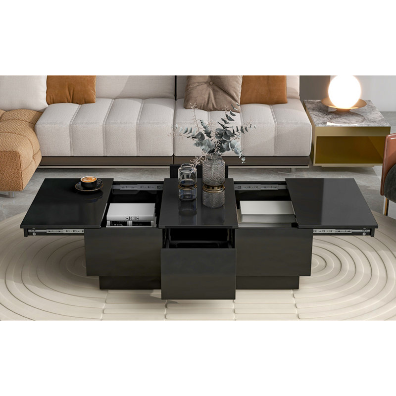 Table basse avec 2 grands compartiments de rangement cachés, table de cocktail extensible avec 2 tiroirs, table centrale ultra-brillante avec plateau coulissant