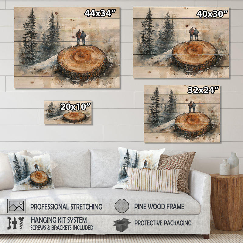Randonnée pédestre dans un paysage d'hiver II - décoration murale en bois de randonnée - sur bois de pin naturel