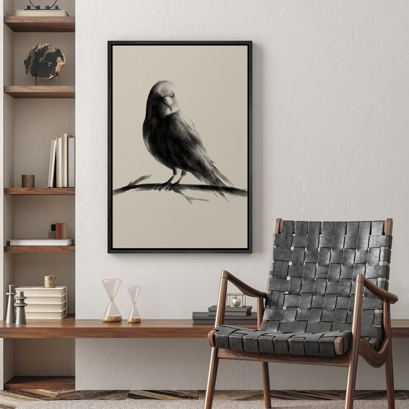 Oiseau gris, peinture à l'encre, Noir, H 24 po x l 16 po