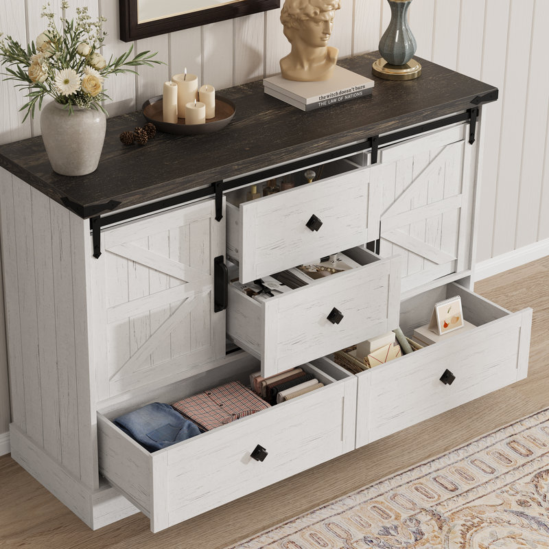 45" Farmhouse 4 Drawer Dresser With Sliding Barn Doors, Large Drawers & Bar Handles, White