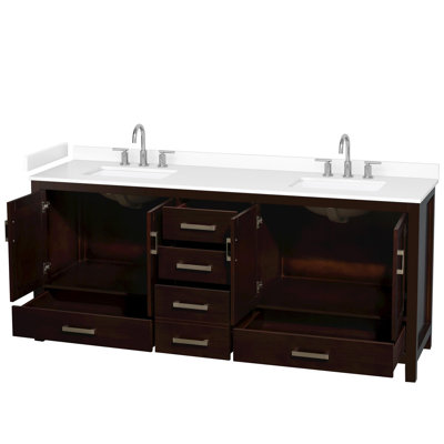Meuble-lavabo double de 80 po en espresso Sheffield, comptoir en marbre de culture blanc, lavabos carrés encastrés (3 trous), garniture en chrome brossé