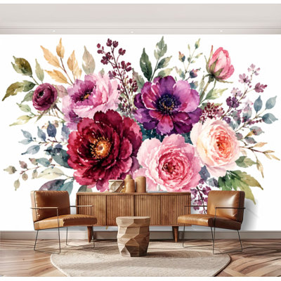 Wall Mural Peel and Stick Purple Rose Watercolor Floral Plum Maroon Burgundy Peony pink Large Wallpaper Self-Adhesive Removable Contact Paper Wall Decor for Living Room Bedroom Nursery 69"H x 96"W