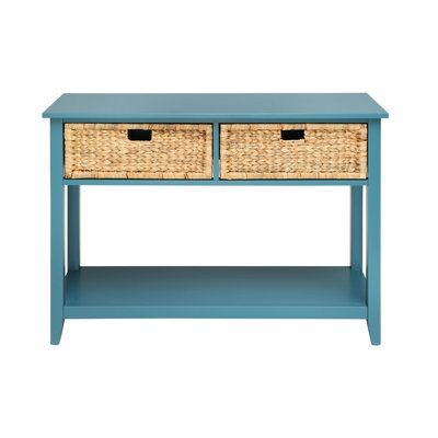 Rectangular Teal Console Table With 2 Drawers And Storage On Bottom Wooden In Shelf