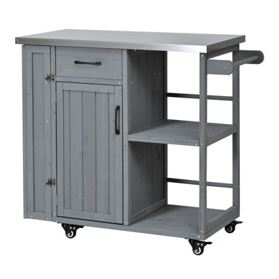 Kitchen Island Fir Wood Prep Station Lockable Kitchen Cart with Stainless Top
