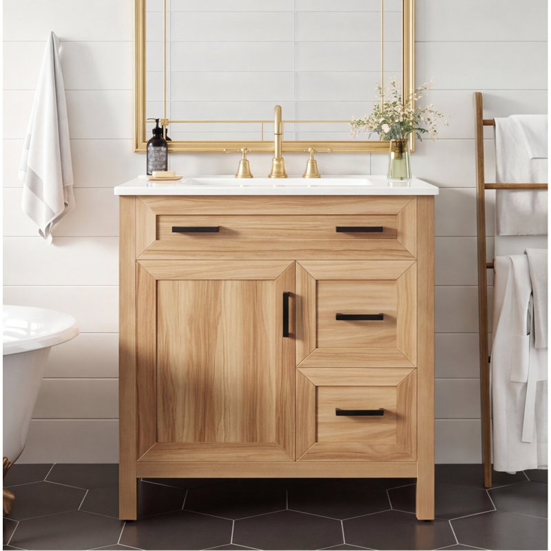 Meuble-lavabo de salle de bain de 76 cm (30 po) en bois d'acacia avec cadre en bois massif, portes et tiroirs à fermeture amortie, tablette réglable, meuble de rangement moderne