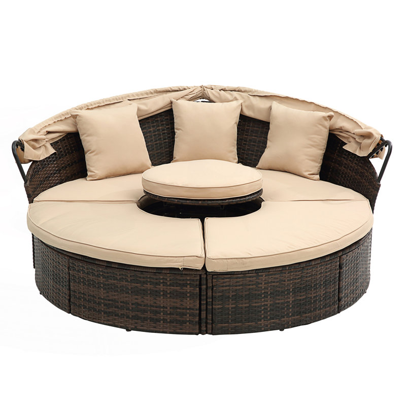 Rattan Round Lounge With Canopy, Outdoor Canopy Bed, Wicker Outdoor Sofa Bed, Beige