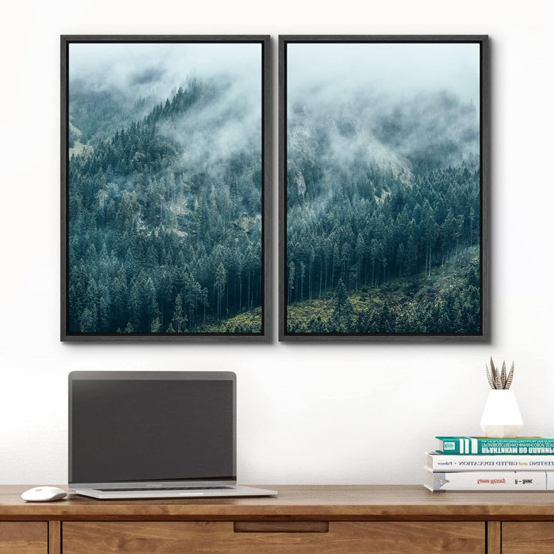 Vue aérienne du matin, brouillard d'hiver, paysage de montagne, impression de paysage, Cadre flottant noir