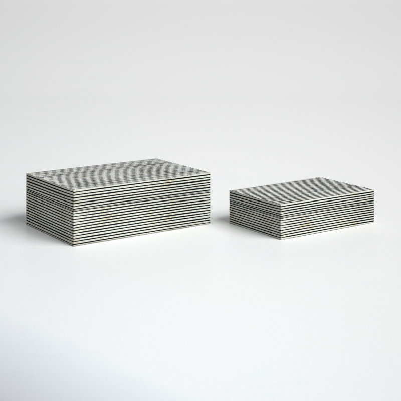 Set of 2 Pinstripe Storage Boxes 10" & 12", White and Gray Polyresin Decorative Keepsake Boxes