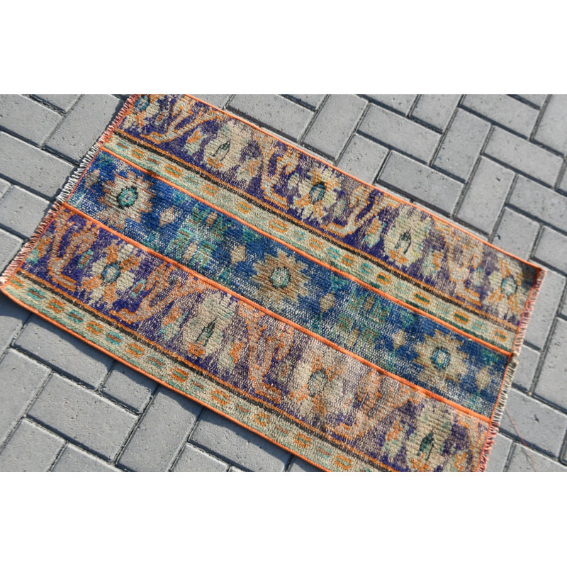 Small Vintage Turkish Oushak Rug in Blue Ideal for Kitchen Decor and as Handwoven Door Mat
