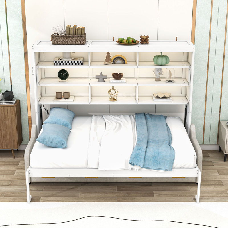 Lit escamotable avec canapé Murphy, tablettes de rangement intégrées et éclairage DEL, Double