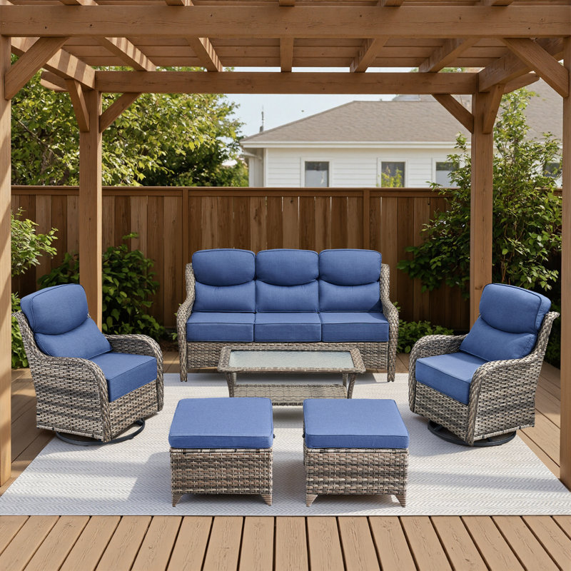 Ensemble de conversation de patio en osier 6 pièces avec chaises pivotantes et table basse, Gris, Bleu