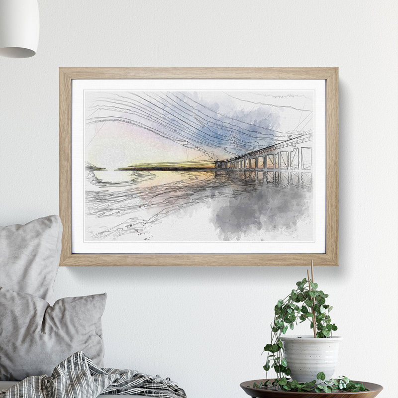 Pier in San Diego Sketch - Picture Frame Graphic Art Print, Oak Framed, 40cm H x 60cm W x 2cm D